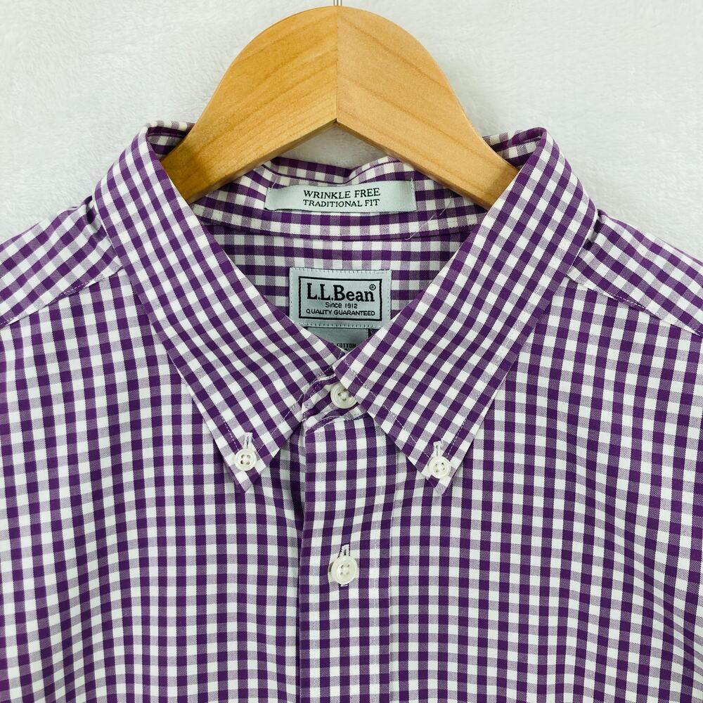 LL Bean Shirt Mens 17-34 Wrinkle Free Purple Plaid Button Down Long Sleeve